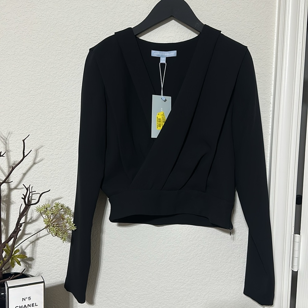 NWT Antonio Melani Ira Crepe V-Neck Dropped Long Sleeve Ruched Wrap Blouse - Picture 4 of 6